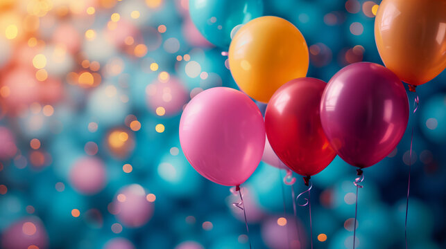 Vibrant balloons float against vivid colors, evoking joy and celebration. Perfect for parties or festivals, with ample copy space for event details or messages.