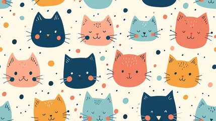 happy baby cat kitten smiling animal face with flowers , seamless pattern nursery design cartoon style illustration with grungy texture, Generative Ai