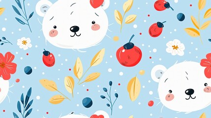 cute bear with apple fruit seamless pattern nursery design cartoon style illustration with grungy texture, Generative Ai