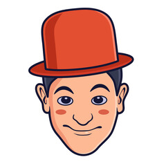 funny cartoon illustration of comedian with cute facial expressions and his red hat