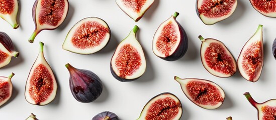An artistic arrangement of whole and sliced figs on a white background, captured in a rectangular frame. Overhead view with space for text.