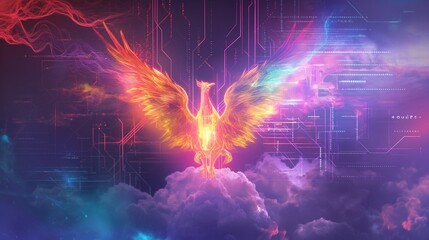 A digital phoenix rising from a cloud, its wings spread wide, symbolizing the resilience and recovery capabilities of secure cloud systems. 