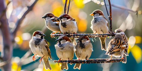 An enchanting scene of sparrows perched on the rim.