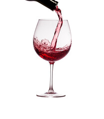 Red wine being poured elegantly into a glass, capturing the dynamic splash against a transparent background. Generative AI
