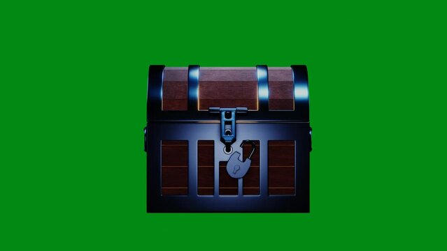 Open and closed and locked key old wooden treasure box golden metal edge open and empty front view on green screen 3D rendering