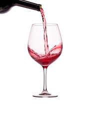 Red wine being poured elegantly into a glass, capturing the dynamic splash against a transparent background. Generative AI
