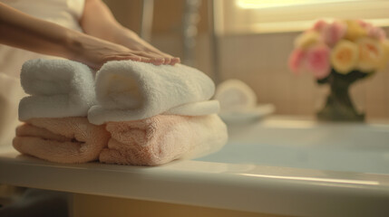 Close-up: With precision and grace, the professional maid arranges a stack of fresh towels on the edge of the sleek bathtub, the fluffy texture and vibrant colors of the linens inv