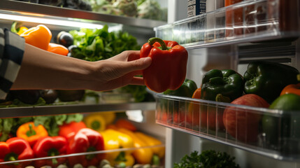 Close-up: Amidst the rows of crisp vegetables, the young woman's hand reaches into the refrigerator and plucks a vibrant red pepper, the firm skin yielding to her touch as she prep