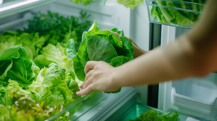 Close-up: Against the backdrop of crisp greens and colorful vegetables, the young woman's hand reaches into the refrigerator and retrieves a head of crisp lettuce, the vibrant leav - obrazy, fototapety, plakaty