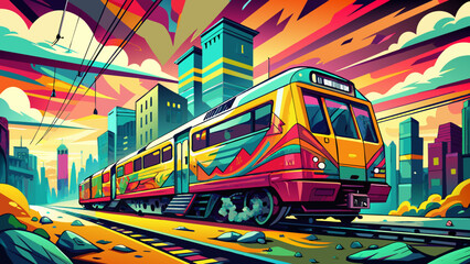 Obraz premium Vibrant Pop Art Style Cityscape with Colorful Express Train
