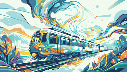Vibrant Abstract Train Journey Through Colorful Landscape