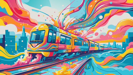 Vibrant, Colorful Illustration of Modern City Train Traveling Through Fantasy Landscape