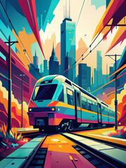 Vibrant Cityscape with Modern Train at Sunset Illustration