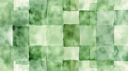 Green watercolor squares pattern on textured paper. Abstract art and modern design concept.
