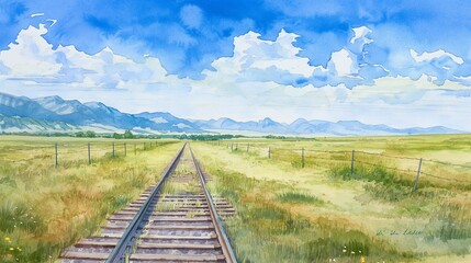 A watercolor illustration of a railway line stretching through green plains under a bright blue sky.