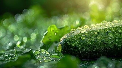 Crisp cucumber with water droplets on a lush green background, highlighting freshness and natural hydration