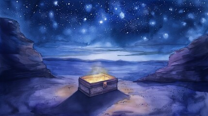 Treasure chest on a beach under a starry night sky, watercolor illustration.