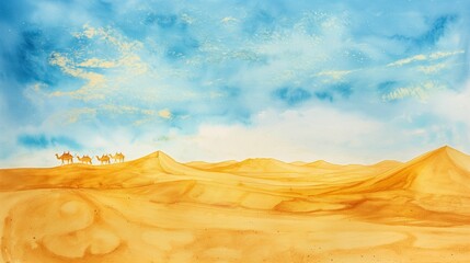 A watercolor illustration of golden sand dunes under a bright blue sky.