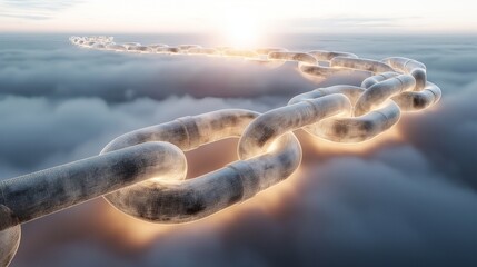 A series of interconnected, glowing chains wrapped securely around a cloud. Each link of the chain is a unique symbol of digital security features.