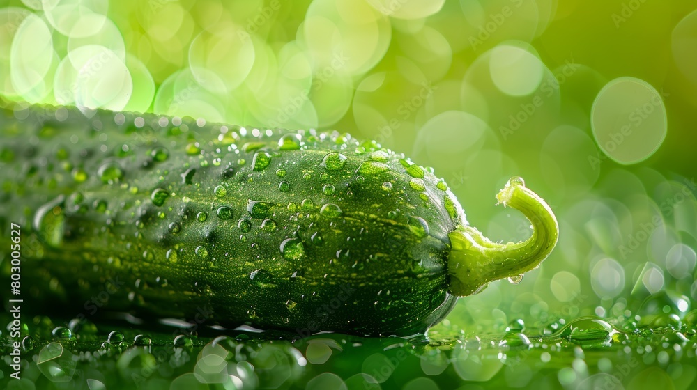 Wall mural Crisp cucumber with water droplets on a lush green background, highlighting freshness and natural hydration