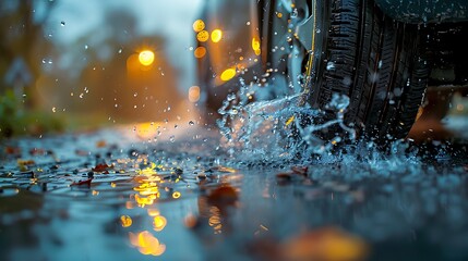 A vibrant summer tire splashing water as it moves at high speed on a wet road