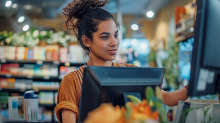 Close-up: With the click of a button, the young woman owner entrepreneur processes payments and generates shipping labels for online orders, her computer screen displaying transact