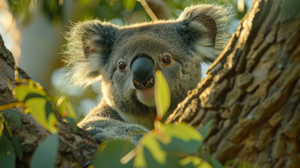 Koala in a tree looking at camera