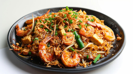 Savory malaysian char kway teow with prawns, bean sprouts, and tofu on a black plate against a clean white backdrop
