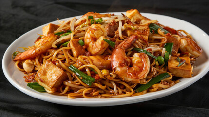 Delectable malaysian stir-fried noodles with succulent shrimp, tofu, spring onions, and a savory sauce, served on a white plate
