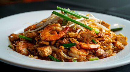 Savory malaysian char kway teow with prawns, chicken, bean sprouts, and chives served on a white plate against a dark background