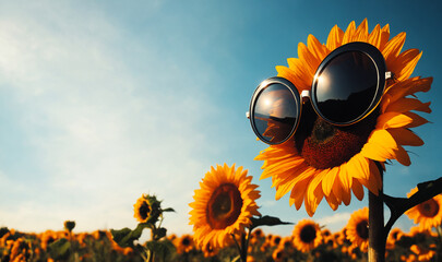 A funny sunflower flower wearing sunglasses in front of the blue sky in the sunflower field, copy space area.