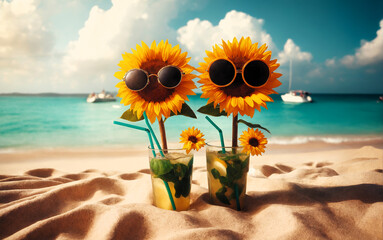 Two sunflowers in funny sunglasses stand in mojito cocktails on the sandy beach.