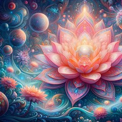 Luminous lotus flowers  abstract colorful shapes in a cosmic Display - obrazy, fototapety, plakaty