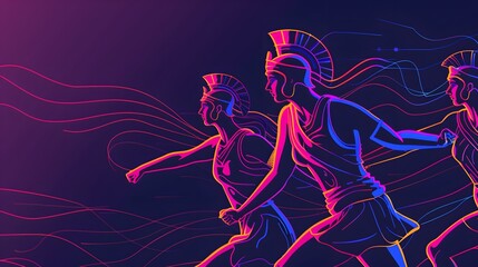 minimalist vector art of Visualize the sports and games played in ancient Greece, close-up, colorful neon lights on background, flat colors and simple details