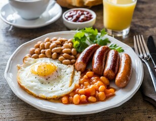 Englische Frühstück mit würstchen und baked beans schön angerichtet 