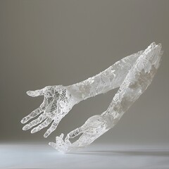 A delicate white sculpture of two hands, made from lace and wire frame