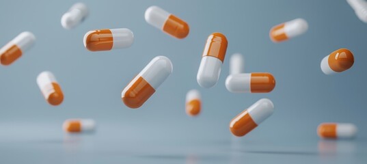 Flying pharmacy  antidepressants and vitamins concept with levitating pills and capsules