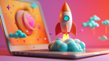 3D rocket launching out of a laptop screen symbolizing innovation and creative digital solutions in a vivid