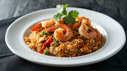 Fototapeta premium Authentic malaysian shrimp fried rice, garnished with fresh coriander, served in a white plate on a dark wooden table