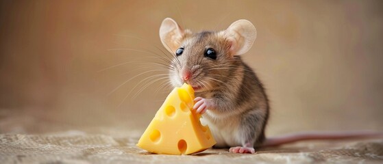 A cute little mouse eats a piece of cheese holding it with its paws.