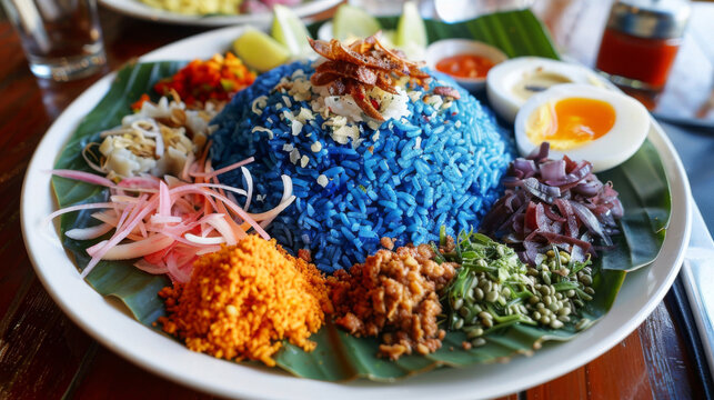 Authentic malaysian nasi kerabu featuring vibrant colors, herbs, fish, crackers, and a hard-boiled egg, showcasing traditional asian cuisine