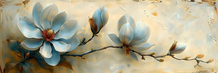 Elegant Magnolia Flower Illustration with Soft Light Blue Background and Vintage Texture