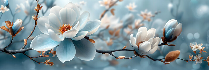 Luxurious Magnolia Flower Illustration with Soft Light Blue Background and Vintage Texture for Home...
