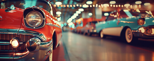 Classic cars lineup in showroom. Close-up of a vintage red car with bokeh lights in an automotive garage