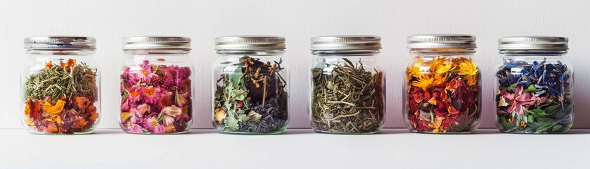 An Assorted glass jars filled with vibrant dried flowers herbs