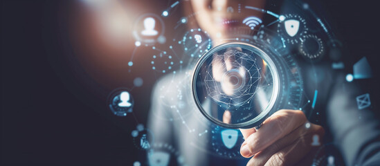 Person use magnifying glass concept, focus to identity verification system for Increase financial security and access personal financial data