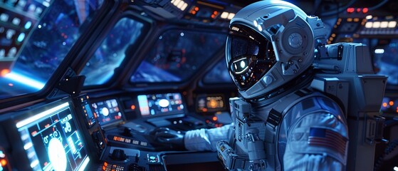 Astronaut in a futuristic spacecraft cockpit focused and ready