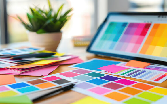 A creative designer's desk with an iMac, color swatches and mood boards on it, showing the process of graphic design in progress.