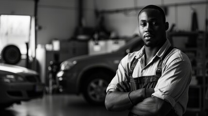 A man standing confidently with his arms crossed in a mechanics garage - Powered by Adobe