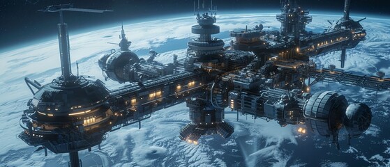 Gigantic space station orbiting a frosty planet featuring detailed